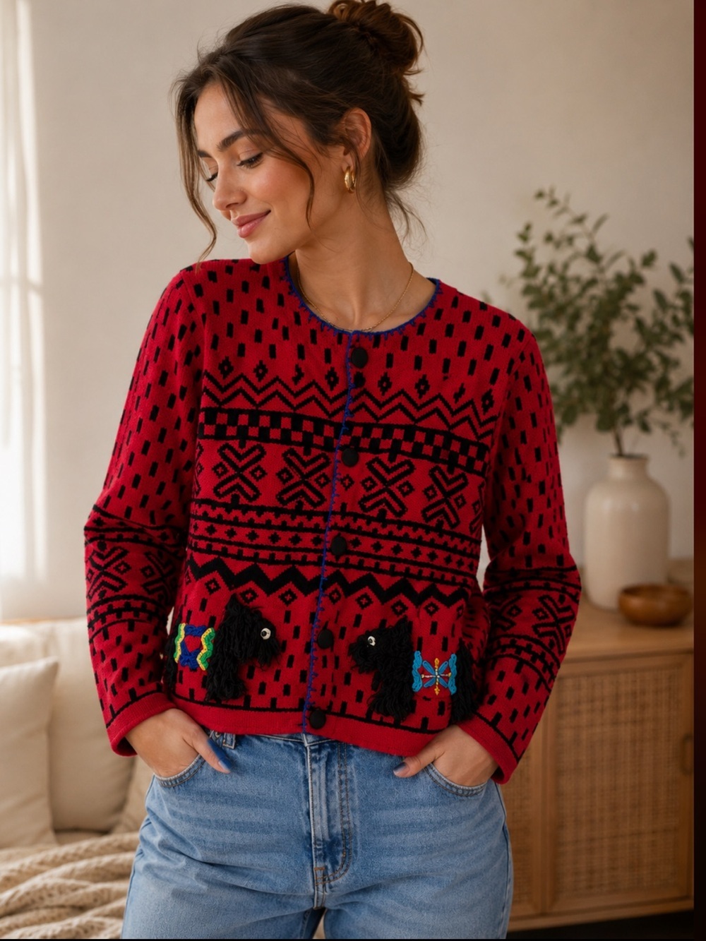 Berek - Scottie dogs - red, black & blue cardigan - beading - size M